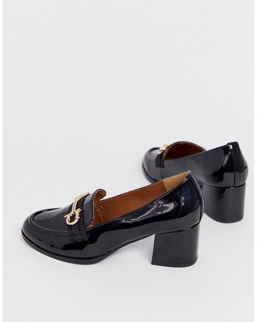 asos design storm chunky mid heeled loafers in black patent