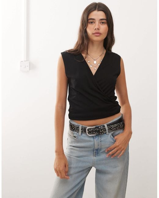 Weekday Black Sleeveless Wrap Top