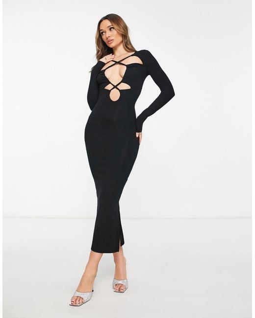 Rebellious Fashion Blue Long Sleeve Cut Out Split Midi Dress