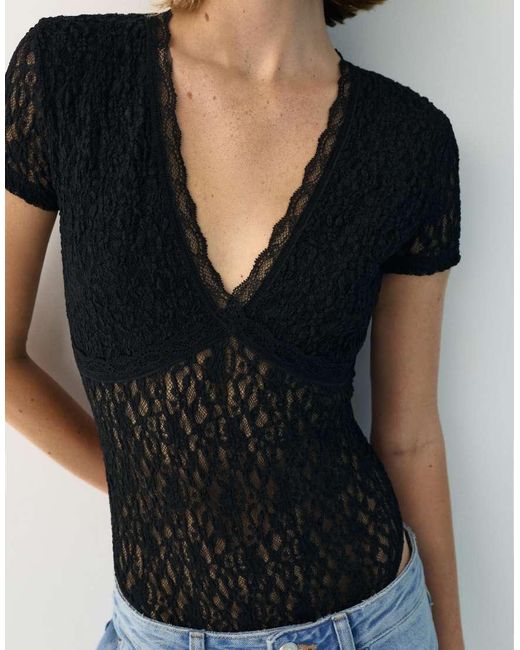 Pull&Bear Blue Short Sleeve Lace Bodysuit