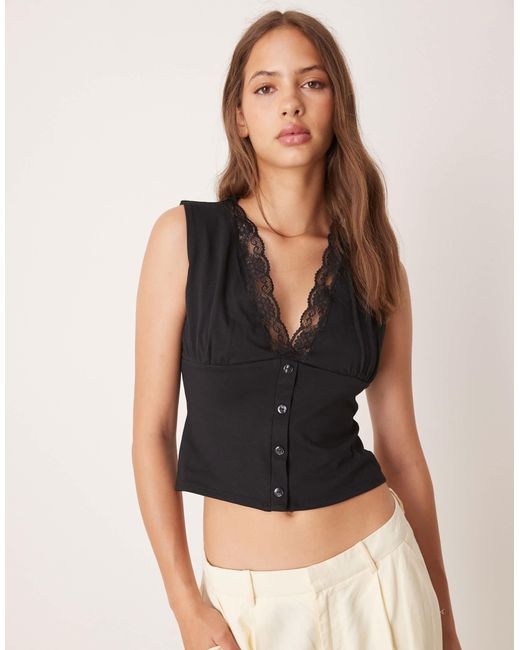ASOS Black Milkmaid Plunge Button Detail Top With Lace Trim