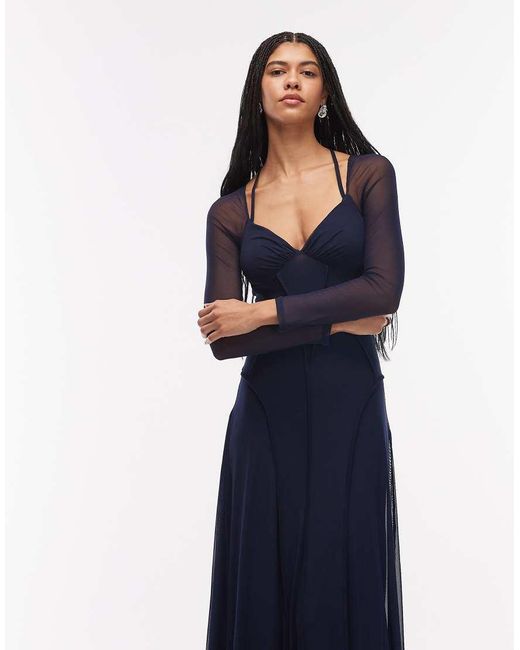 ASOS Blue Mesh Long Sleeve Maxi Dress With Exposed Seam Detail
