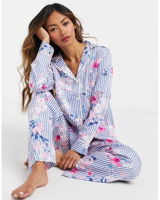 Lauren by Ralph Lauren Blue – Pyjama mit eingekerbtem Kragen und Blumendruck, gestreift