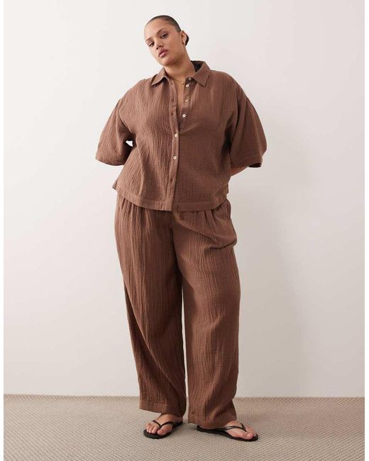 ASOS Brown Asos Design Curve Callie Beach Cheesecloth Resort Short Sleeve Shirt