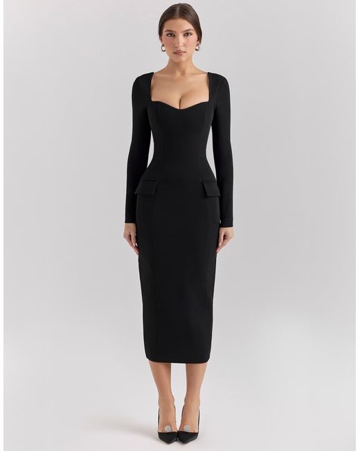 House Of Cb Black Ella Stretch Crepe Long Sleeve Midi Dress