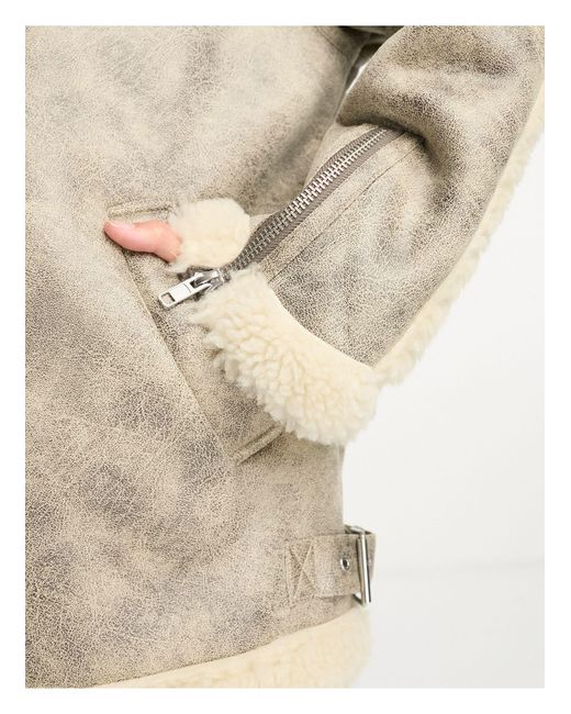 Monki Natural Distressed Faux Leather And Shearing Aviator Jacket