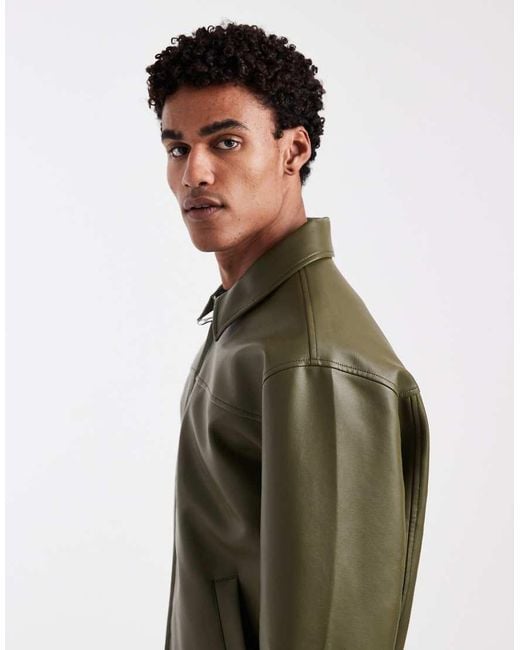 ASOS Green Faux Leather Harrington Jacket for men