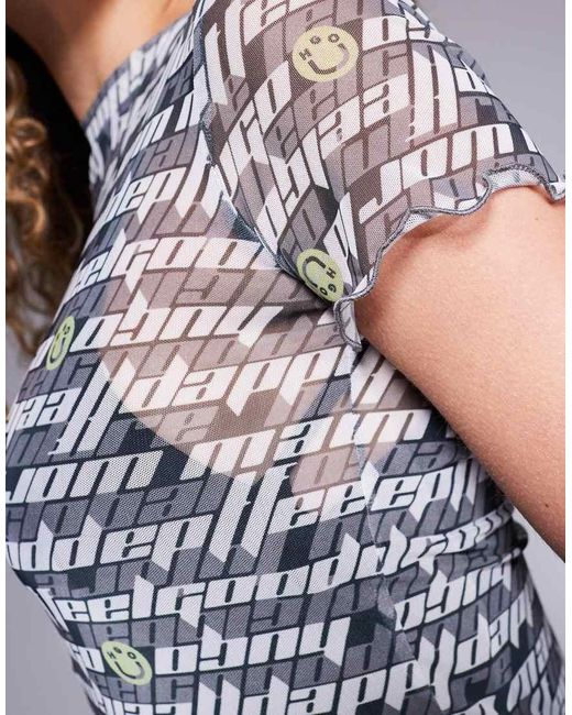 HUGO Jurk Van Mesh Met Korte Mouwen En Logoprint in het Gray