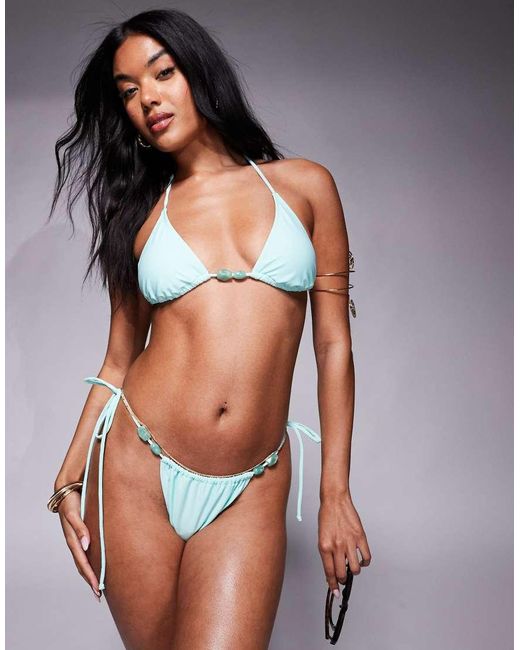 Slip Bikini Color Acqua Con Allacciatura Laterale E Perline di Candypants in Blue
