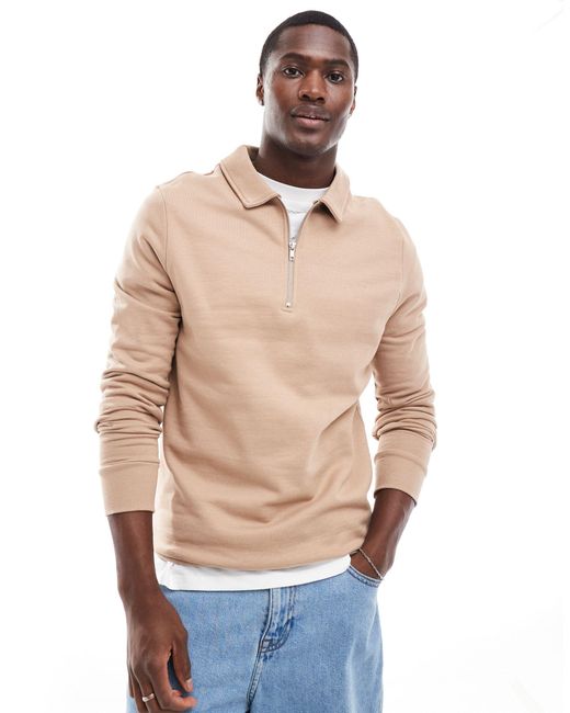 ASOS Natural Polo Sweatshirt With Zip for men