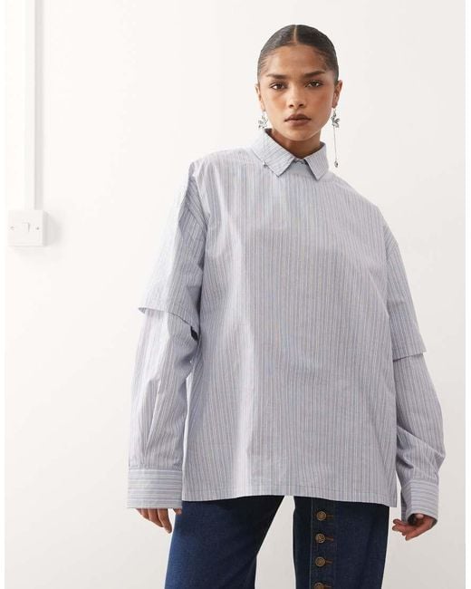 Lioness Gray 2 In 1 Oversized T-shirt Overlay And Striped Long Sleeve Shirt In Blue And White Stripe (part Of A Set)