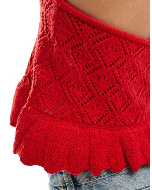 Miss Selfridge Red Crochet Peplum Hem Halterneck Cami