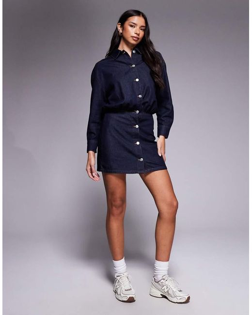 ASOS Blue Denim Mini Shirt Dress With Fitted Skirt And Shoulder Pad