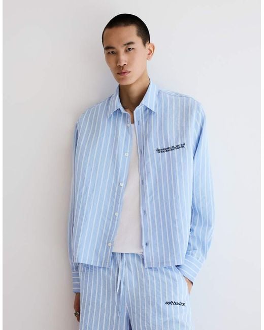 Bershka Blue Embroidered Long Sleeve Shirt for men