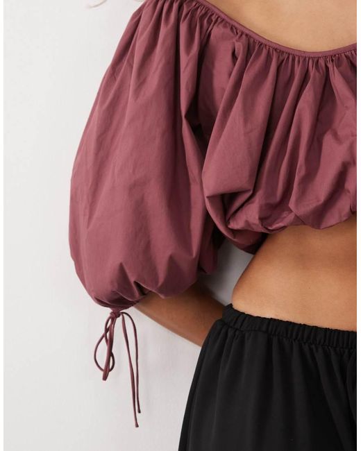 Mango Red Cotton Mix Cropped Balloon Sleeve Top