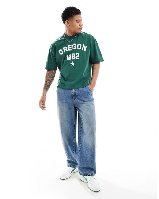 T-shirt oversize coupe carrée avec imprimé oregon devant et bandes sur les épaules - foncé ASOS pour homme en coloris Green