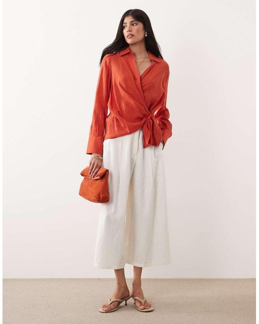 Mango Red Oversized Shirt With Tie Waist