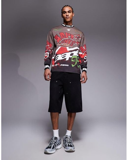 Aape By A Bathing Ape Gray Aape By A Bathing Ape Long Sleeve Motocross T-shirt for men