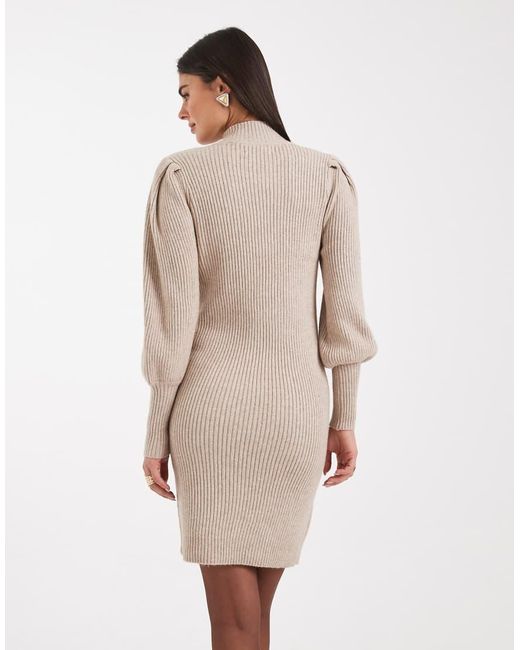 Vestido Estilo Jersey Con Mangas Abullonadas Y Cuello Alto De - Neutro ONLY de color Natural