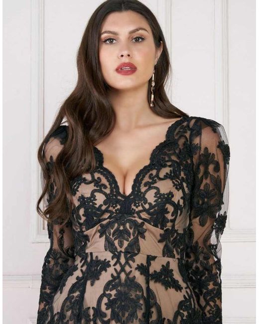 Goddiva Black Scalloped Lace Dipped Hem Midi Dress