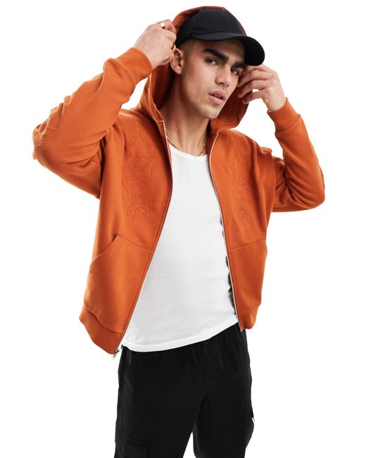 Sudadera marrón extragrande con capucha, cremallera y bordado floral ASOS de hombre de color Orange