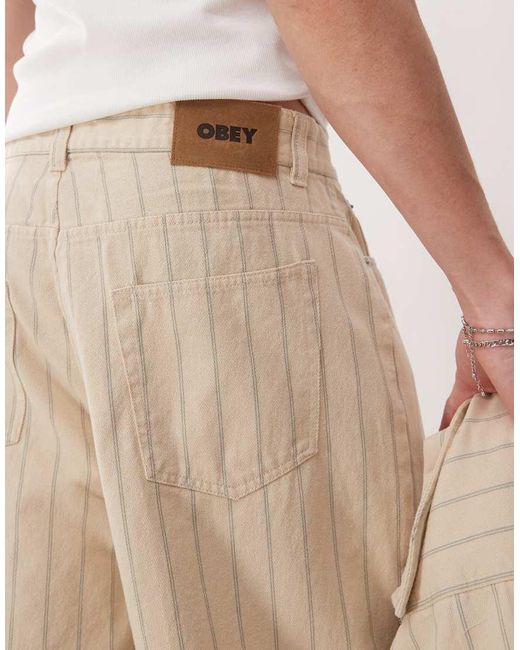 Obey Gestreepte Baggy Denim Short in het Natural voor heren