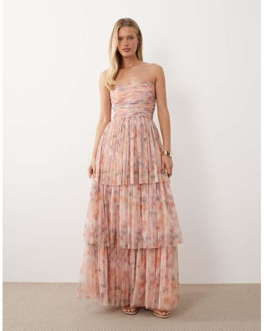 LACE & BEADS Pink Bandeau Ruched Tiered Tulle Maxi Dress
