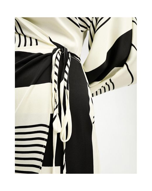 Mango White Line Print Wrap Midi Dress