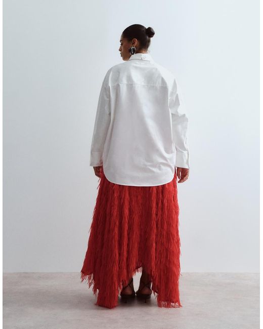 ARRANGE White Curve Fringe Texture Asymmetric Maxi Skirt