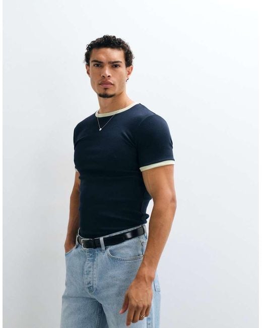ASOS Blue Muscle Fit T-shirt With Ringer Detailing for men