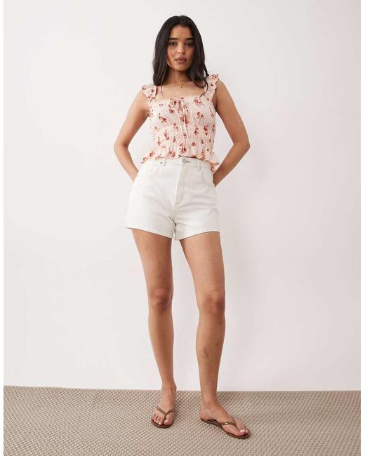 Miss Selfridge White Ditsy Print Shirred Top With Ruffle Sleeve