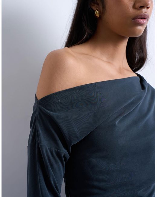 TOPSHOP Blue Cupro Off Shoulder Tunic Long Sleeve Top
