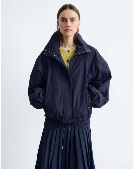 & Other Stories Blue Nylon Short Bomber Jacket With Waist Pleat Detail