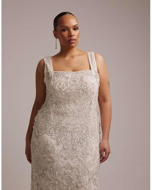 ASOS Brown Asos Design Curve Ornate Crystal Embellished Square Neck Maxi Wedding Dress
