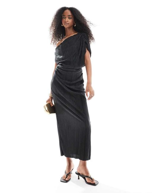 ASOS Black Plisse Fallen Shoulder Midi Dress