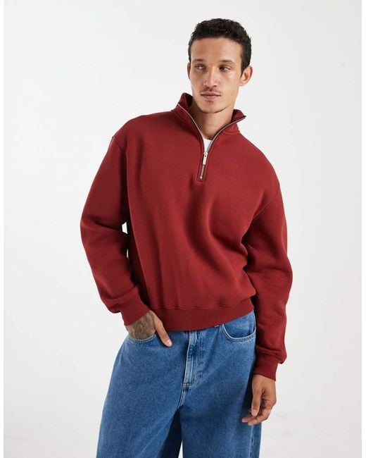 ASOS Red Boxy Oversized Quarter Zip Sweatshirt for men