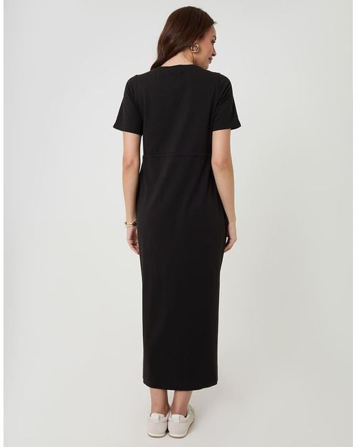 Threadbare Black Drawstring Waist Side Split Cotton Jersey Midi Dress