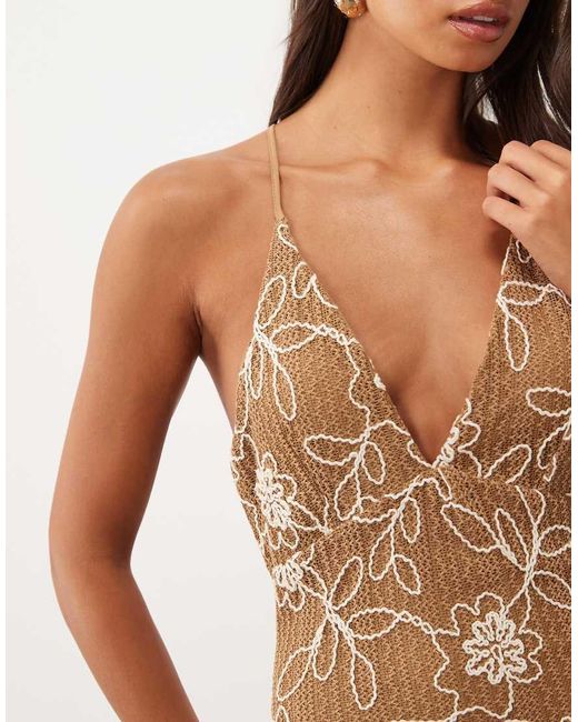 ASOS Natural Embroidered Crochet Maxi Dress With Cut Outs