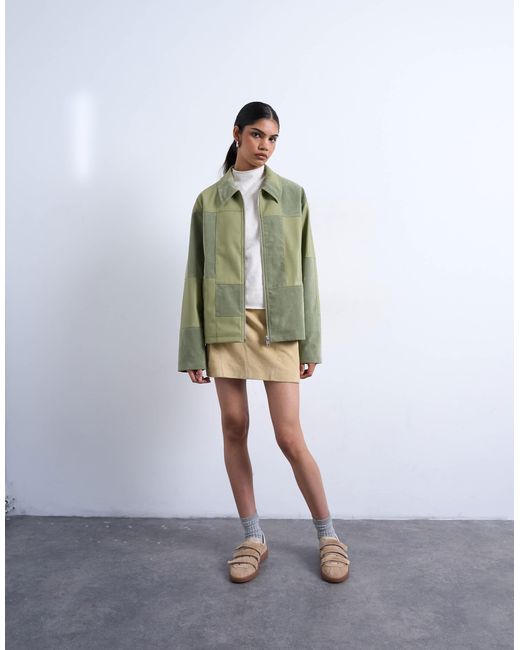 TOPSHOP Green Faux Suede Patchwork Zip Through Jacket