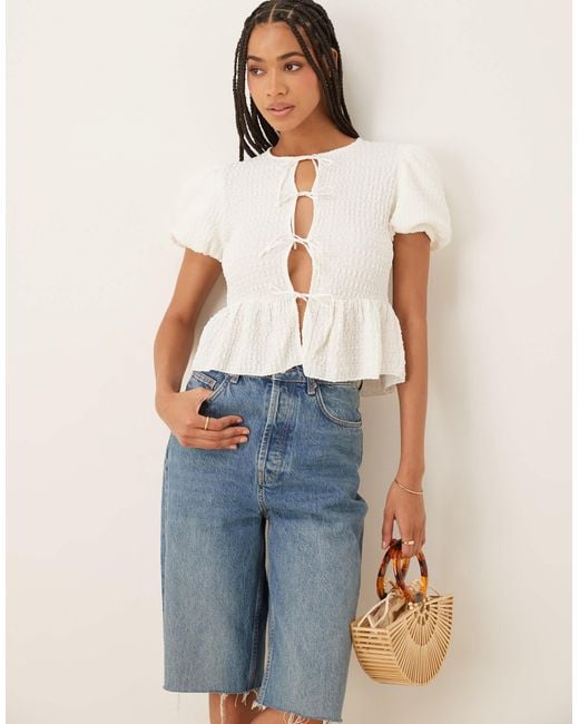 Mango Blue Crinkle Textures Tie Front Blouse