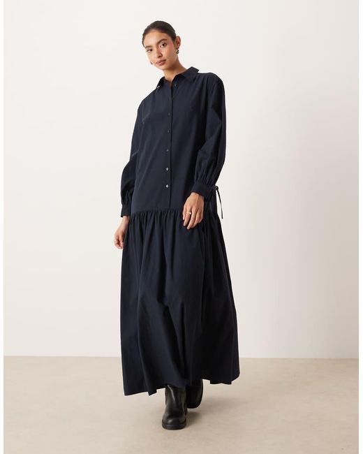 ASOS Blue Long Sleeved Tie Detail Maxi Shirt Dress