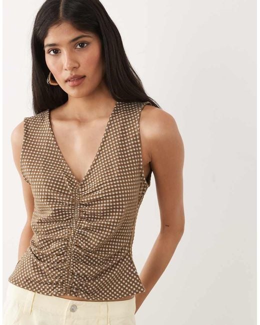 Mango Brown Cotton Rich Gingham Ruched Detail Sleeveless Top