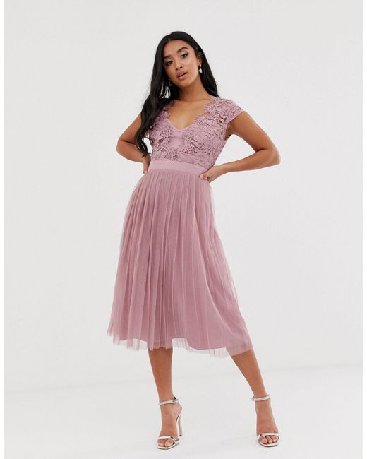 Little Mistress Capped Sleeve Lace Midi Dress With Tulle Skirt in Pink |  Lyst