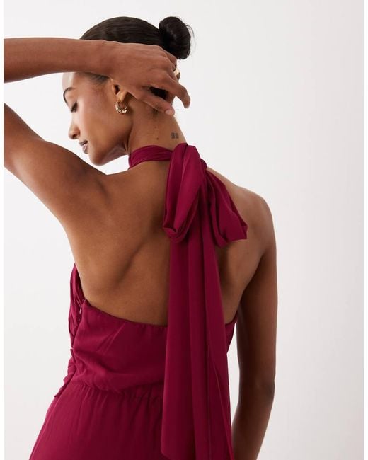 TFNC London Red Bridesmaid Chiffon Halter Neck Drape Maxi Dress