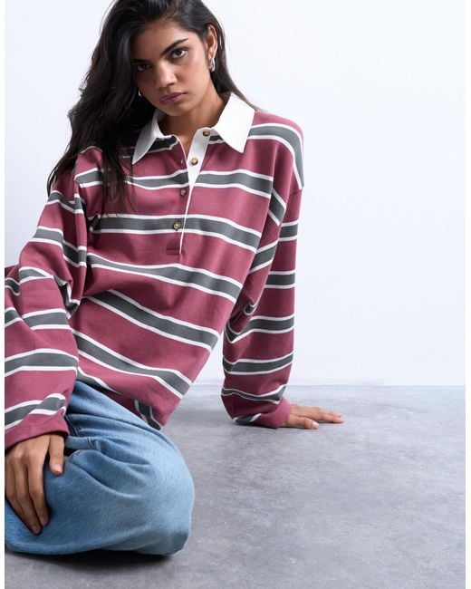 TOPSHOP Multicolor Jersey Stripe Rugby Long Sleeve Polo