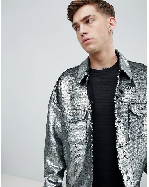 ASOS Silberne Oversize-Jacke mit Pailletten in Metallic für Herren