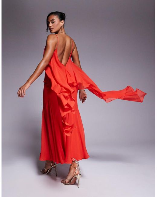 ASOS Red Plunge Bias Maxi Dress With Chiffon Overlay And Godet