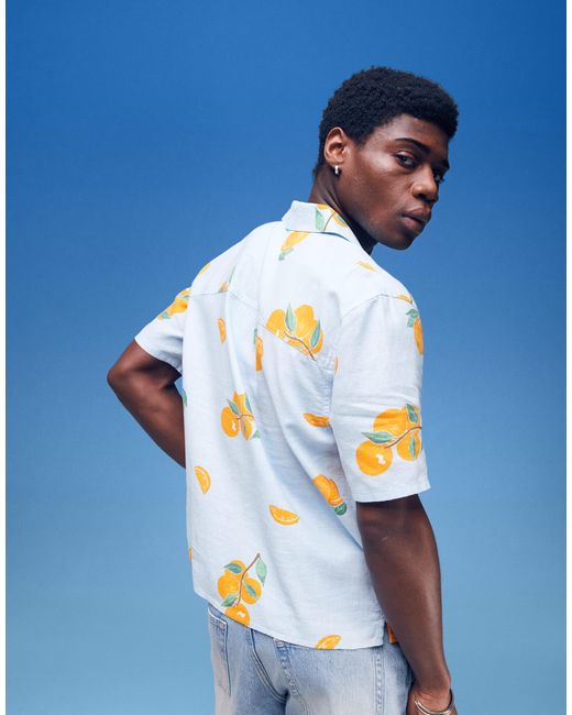 Hollister Blue Printed Linen Short Sleeve Shirt for men