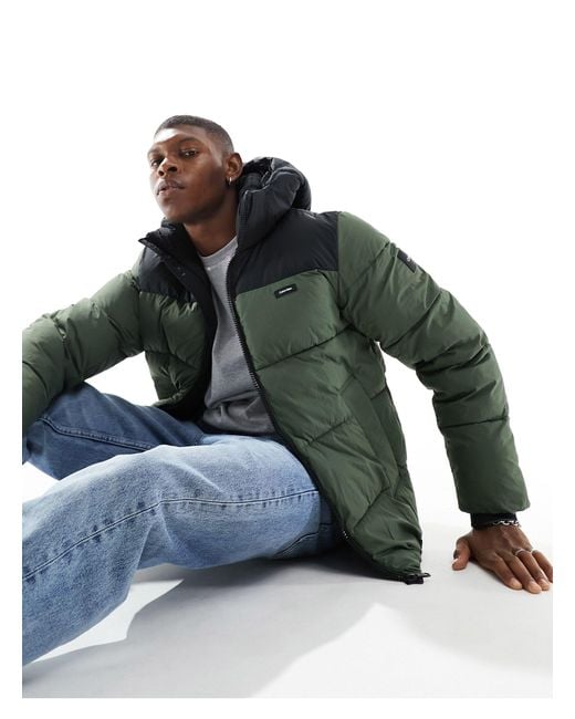 Calvin Klein Green Crinkle Nylon Colourblock Puffer Jacket for men