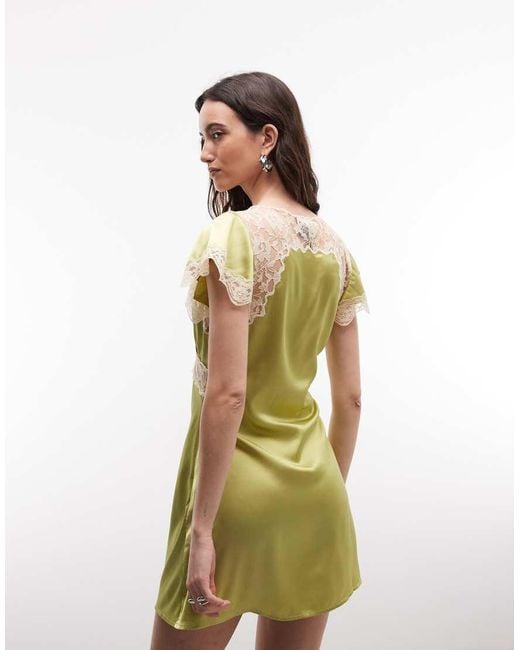 Reclaimed Vintage Green Satin Mini Tea Dress With Contrast Lace Inserts